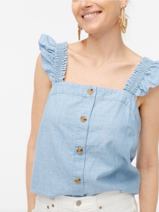 J. Crew Tops - J. Crew Chambray Button-front Light Blue Tank Top With Ruffle Sleeves Small